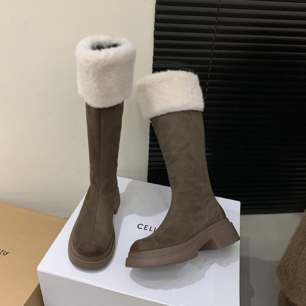 2025 autumn and winter new round head suede rear zipper thick heel tall tube Martin warm snow female knight boots