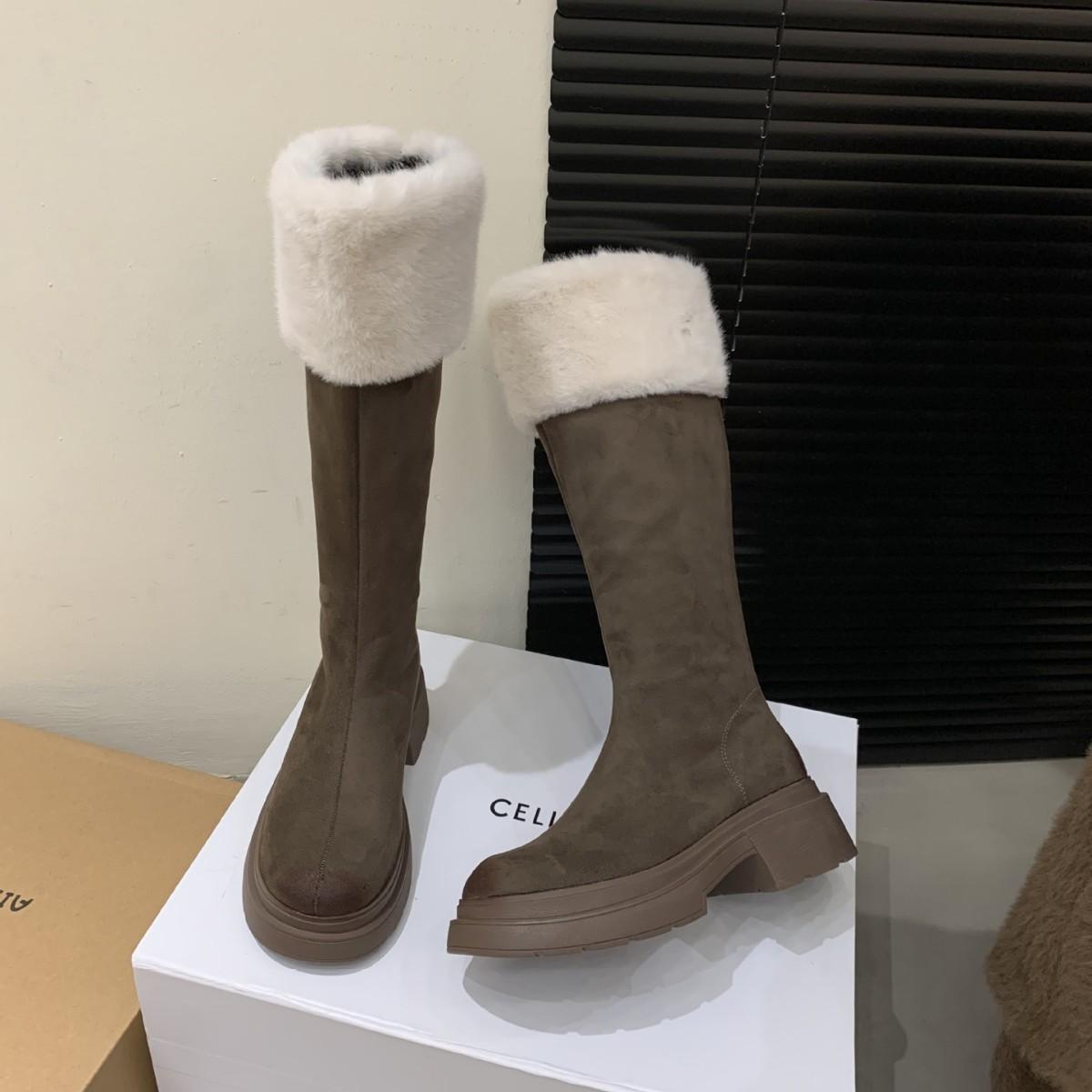 

2025 autumn and winter new round head suede rear zipper thick heel tall tube Martin warm snow female knight boots 39 коричневый