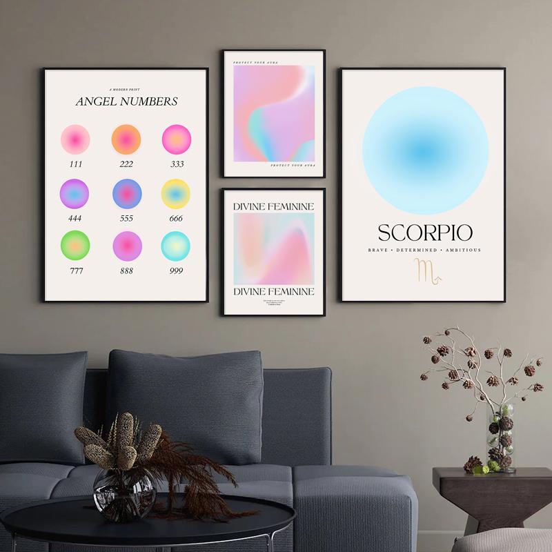 Angel Numbers Gradient Aura Posters and Prints Aesthetic Danish Pastel Canvas Painting Nordic Art Wall Picture Dorm Home Decor