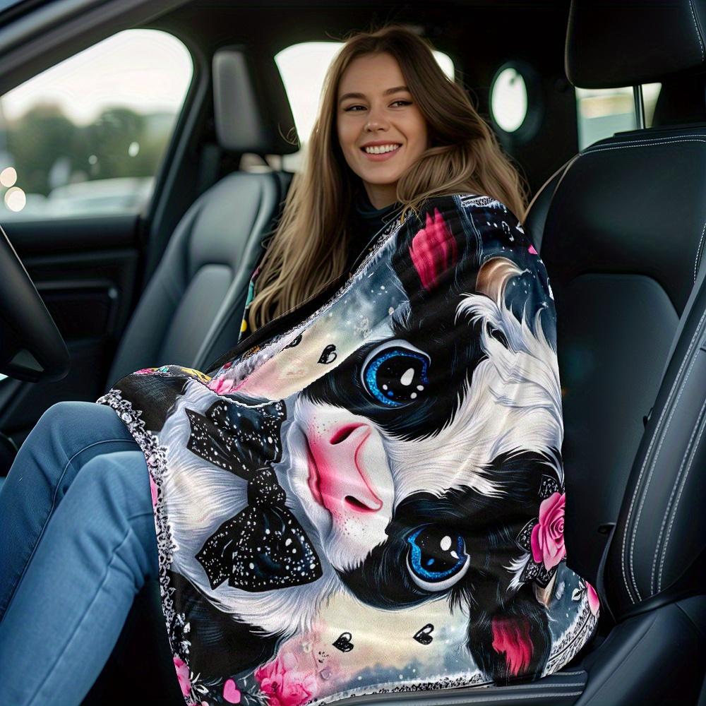 Cute cow with bow tie pink roses floral blanket kawaii animal blanket soft plush blanket for girls bedroom decor gift idea