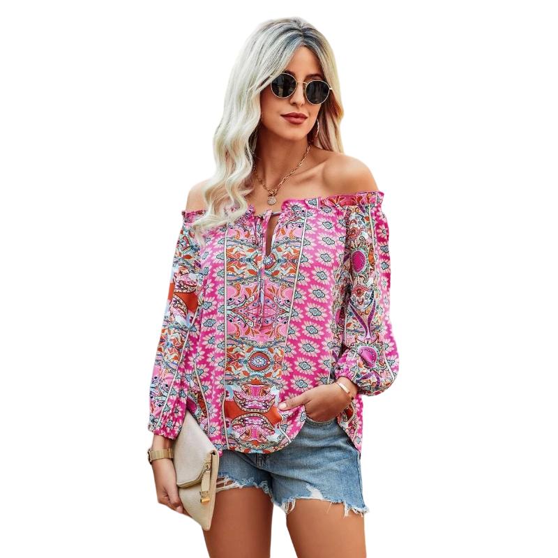 2023 Summer New Bohemian Style Floral Print Off Shoulder Long Sleeved Shirt for Women