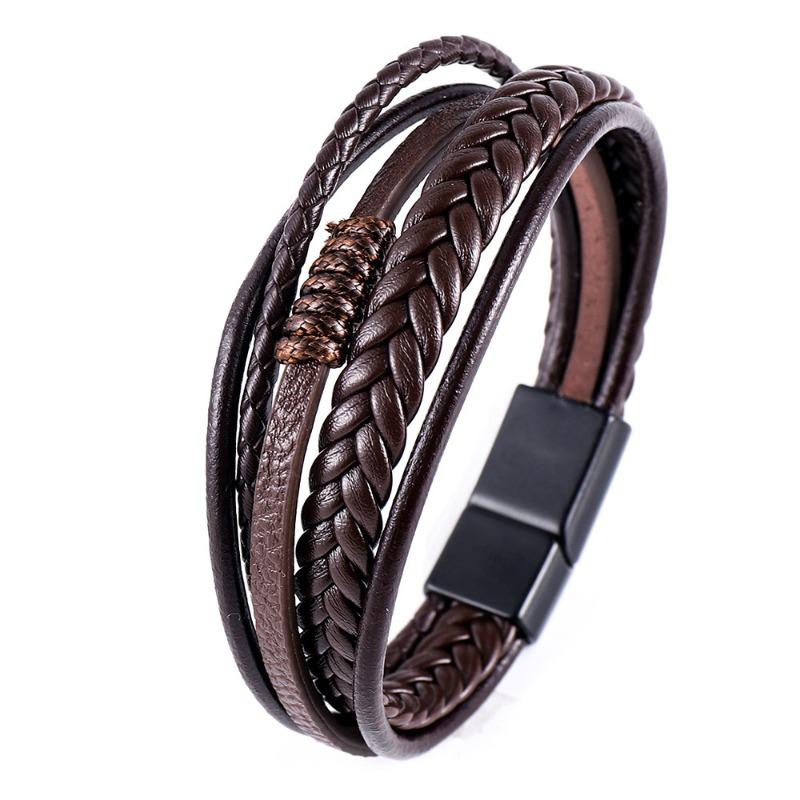 Leather Bracelet - Simple and Retro Decorative Pendant Bracelet, Multi-layer Woven Chain, Men's Style, Alloy, Magnetic Attachment