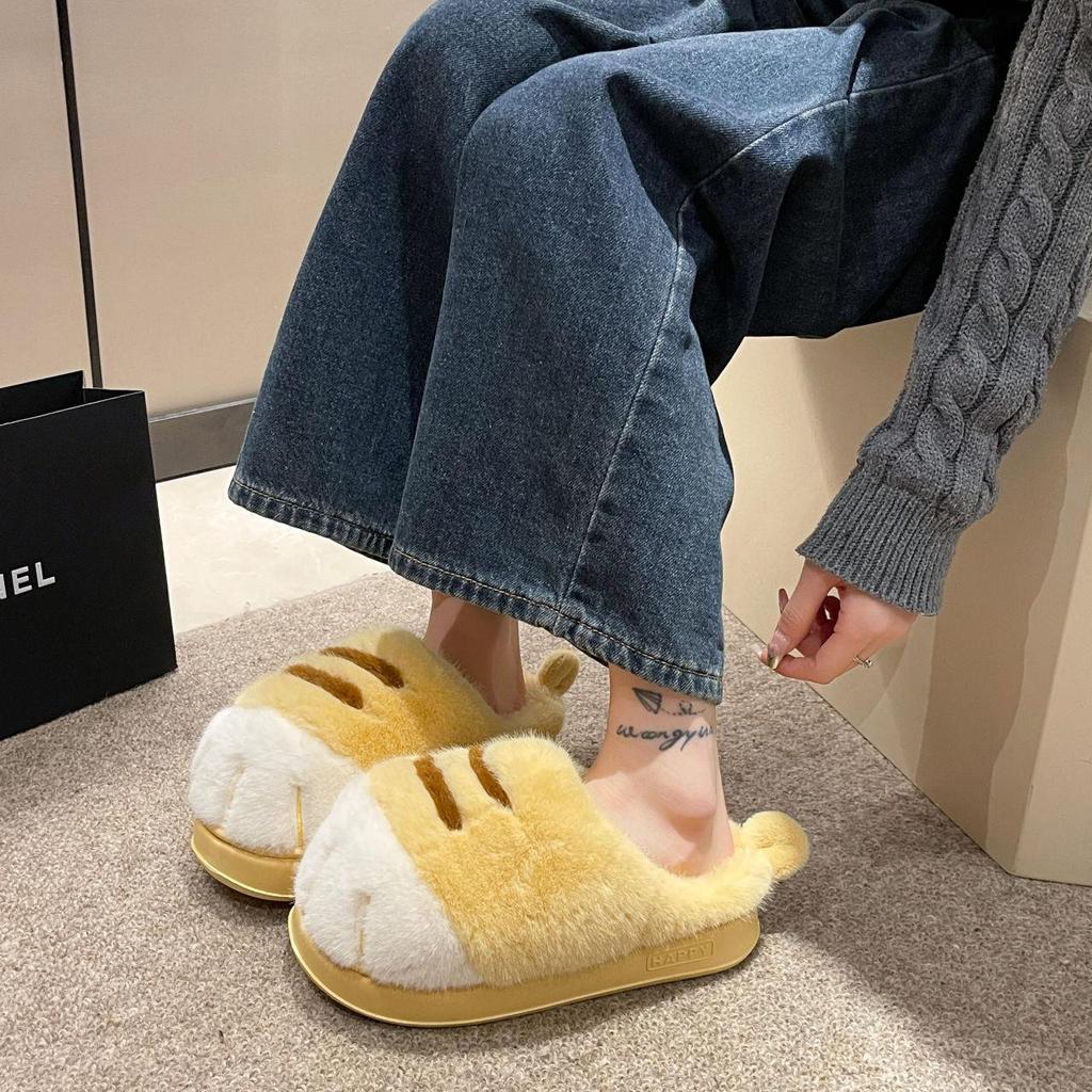 3D Cat Paw Plush Slippers Slip-on House Shoes Comfortable Furry Paw Couple Slippers Winter Soft Warm Slippers for Indoor Bedroom