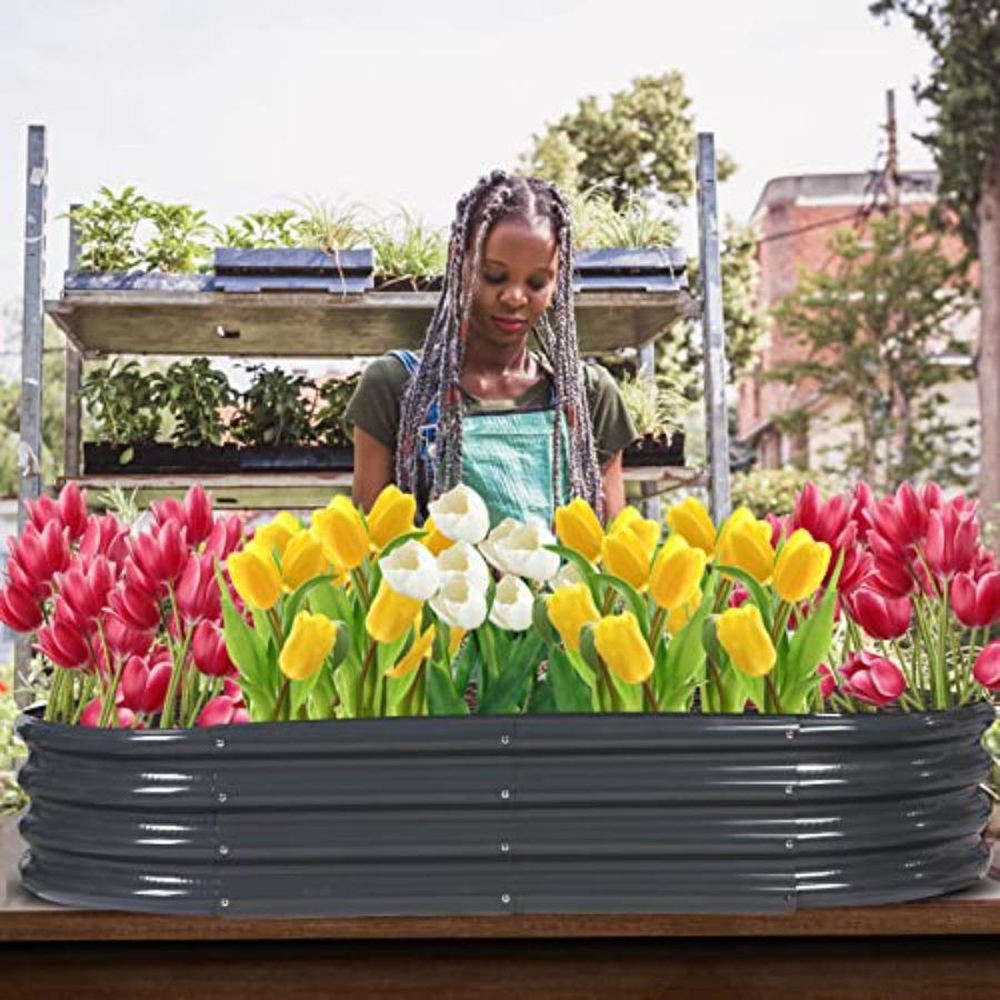 Outdoor 6.5ft Oval Raised Garden Bed GRS Certified Galvanized Metal Planter Box Rot-Resistant Recycled Eco-Friendly Material Pl