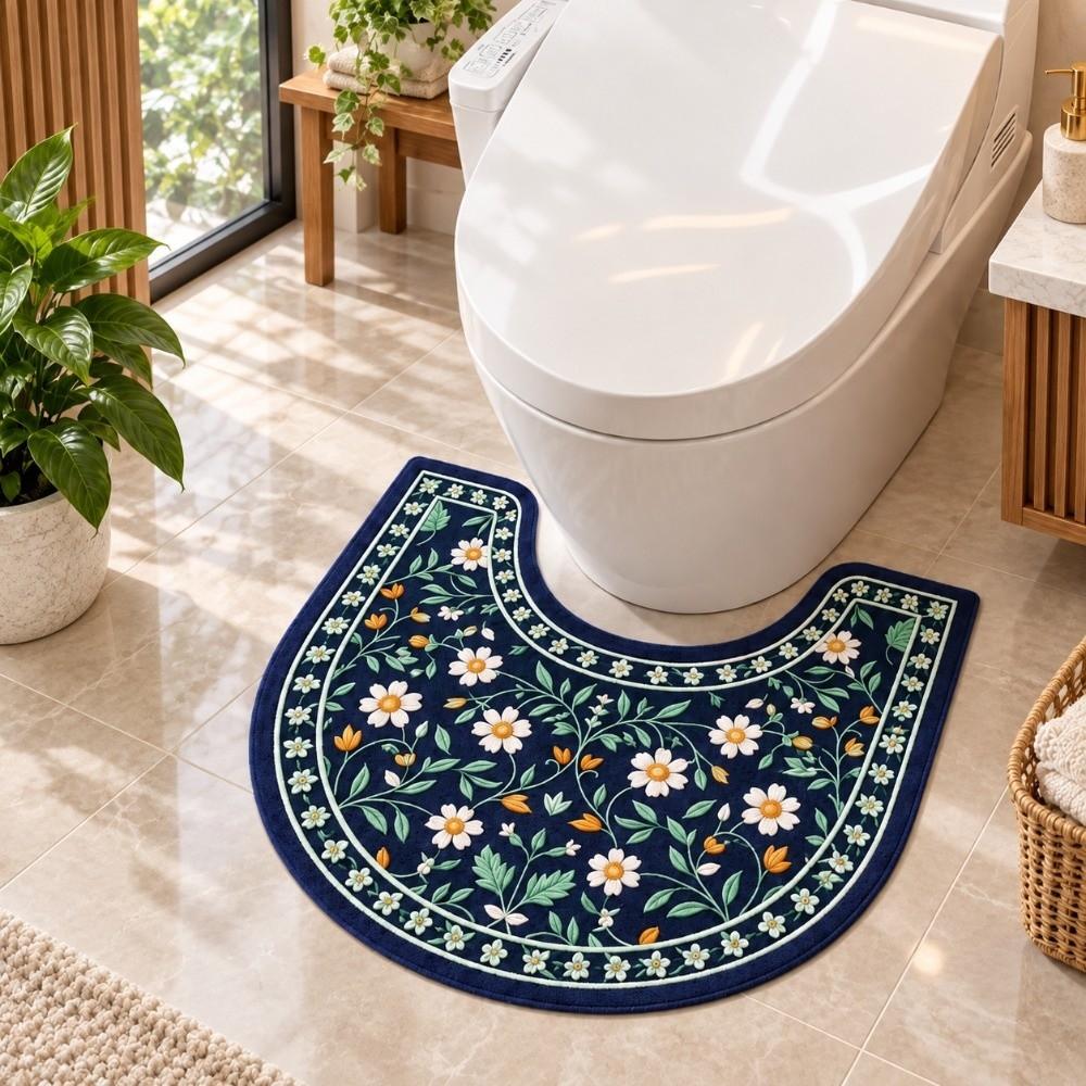 Floral Pattern Toilet U-shaped Mat Non-slip Bath Mat Retro Bathroom Floor Rug Household