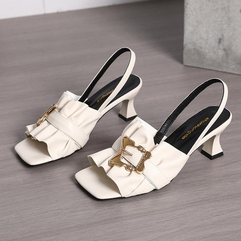 French square head pleated lace high-heeled sandals women's 2025 summer new European and American fashion metal buckle fashion sandals