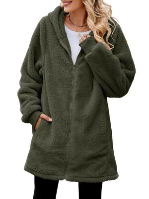Damen Plüsch Kapuzen Langarm Lockerer Reißverschluss Cardigan Winterjacke