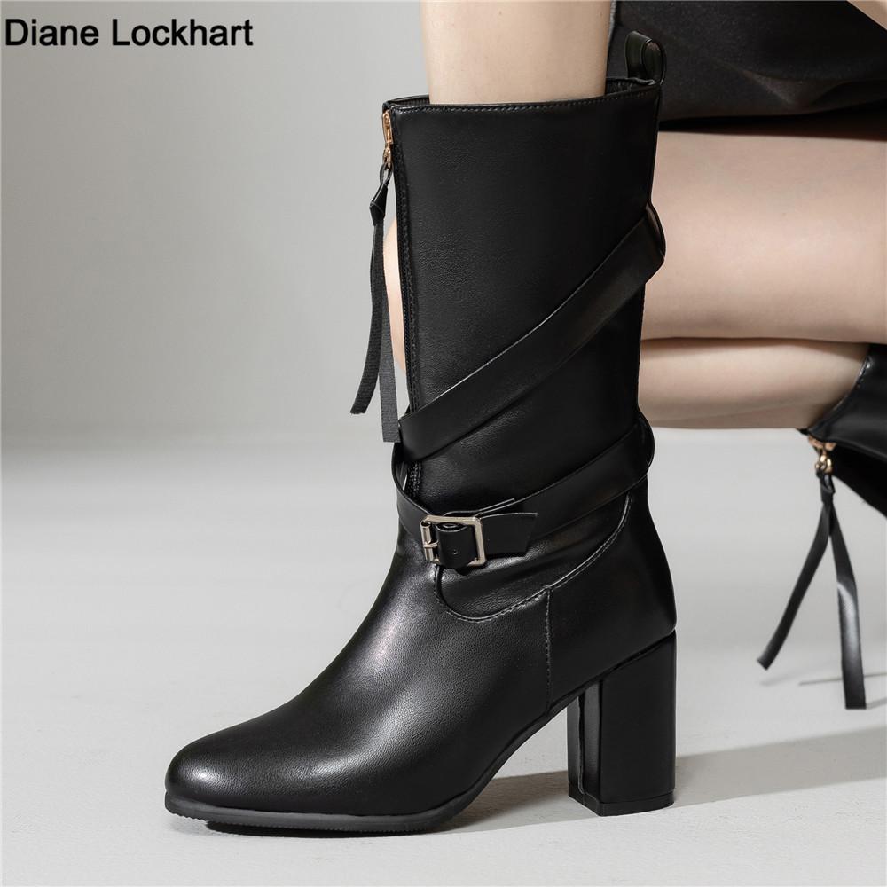 Fashion 2025 High Quality Women's Shoes Belt Buckle High Heels Boots Solid Modern Boats Women Hot Sale Round Toe Zip Mid-Calf Booties