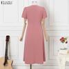 ZANZEA Rochie de vară casual pentru femei, cu gât rotund, patchwork din dantelă, cu mânecă scurtă