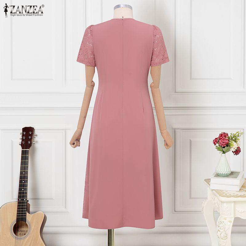 ZANZEA Rochie de vară casual pentru femei, cu gât rotund, patchwork din dantelă, cu mânecă scurtă