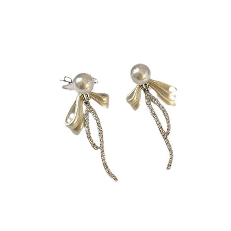 Bow Studded Diamond Pearl Earrings For Women, Light Luxury High-End Earrings, Long Tassel Zircon Earrings
