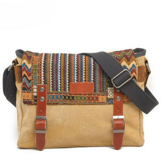 Ethnic Patchwork Canvas Shoulder Bag with Cowhide Buckle and Retro Webbing Design