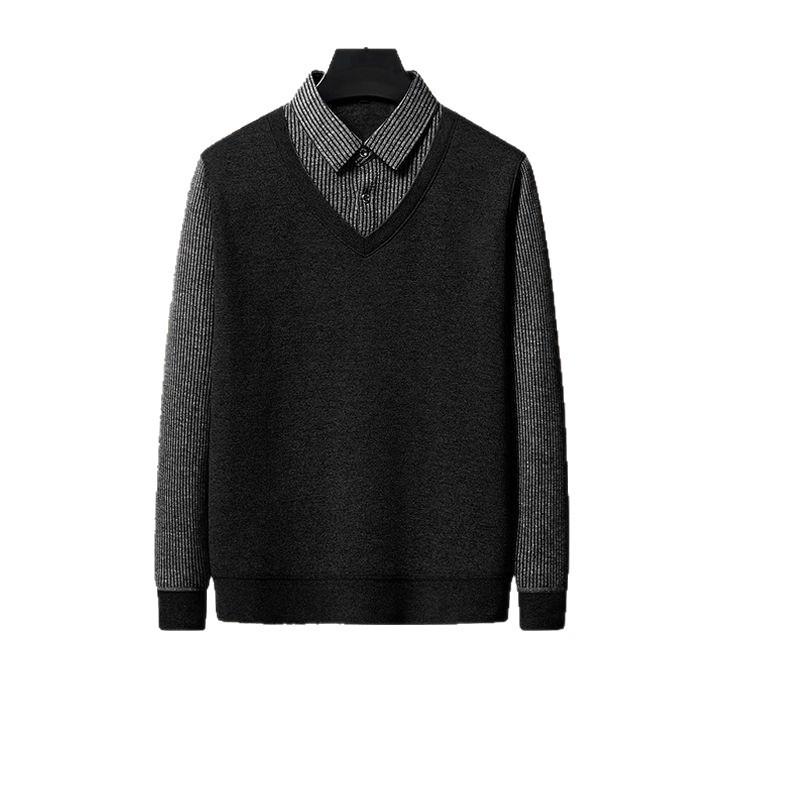 Men's Faux Two-Piece Lapel Knit Sweater - Thermal Velvet Base Layer for Autumn/Winter