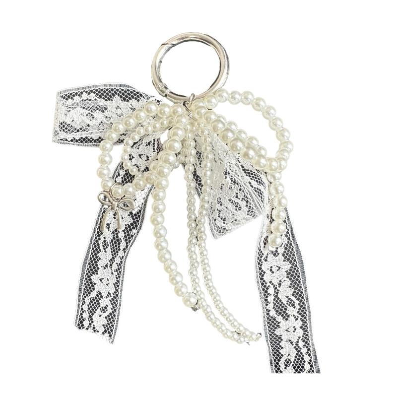 

Stylish Imitation Pearls Beaded Bowknot Shaped Keychain Bag Ornament Butterfly Knot Jewelry for Purses and Accessories