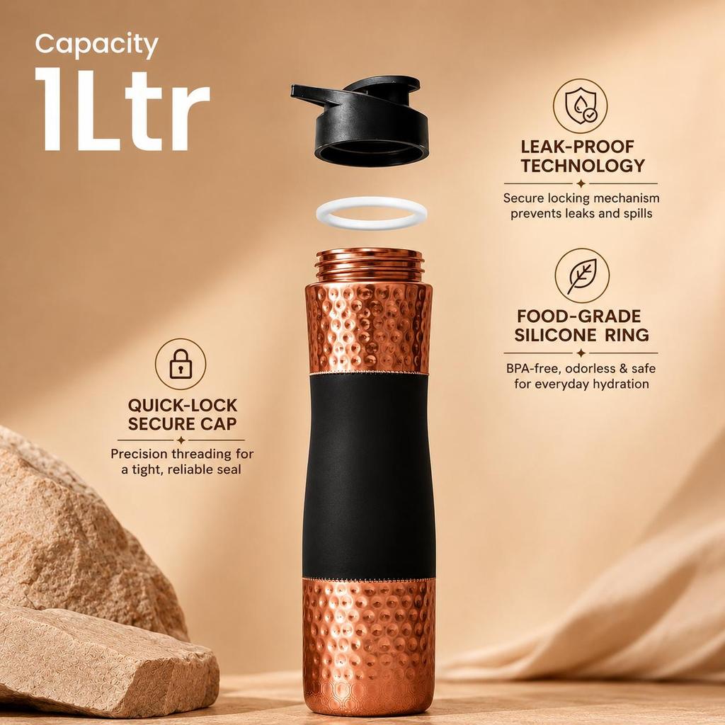 Black Sipper Bottle 100% Pure Copper Water Bottle 1 Litre Leak Proof Protection Durable & Rust Proof Copper Bottle