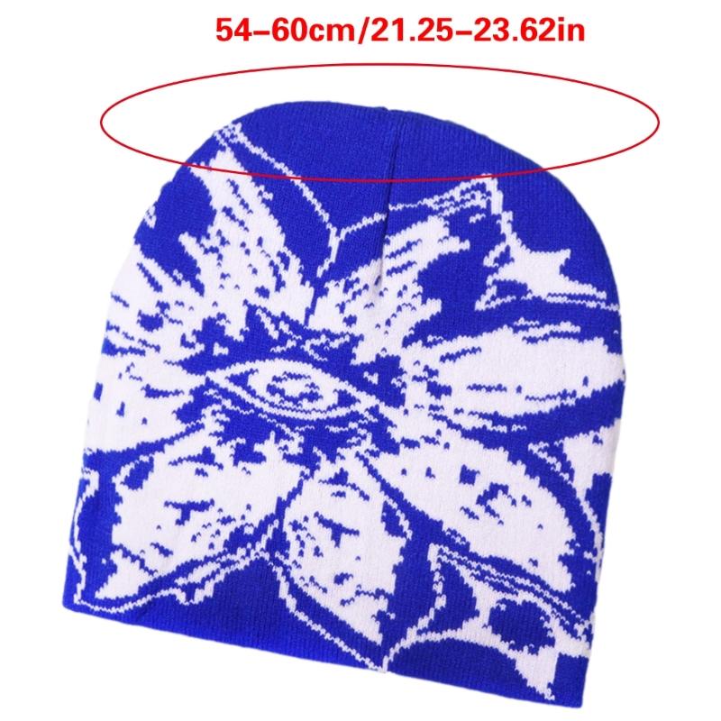 Unisex Jacquard Eye Flower Pattern Knitted Beanies Hat Fashionable Winter Warm Hiphop Bonnet Skull Hat for Men and Women