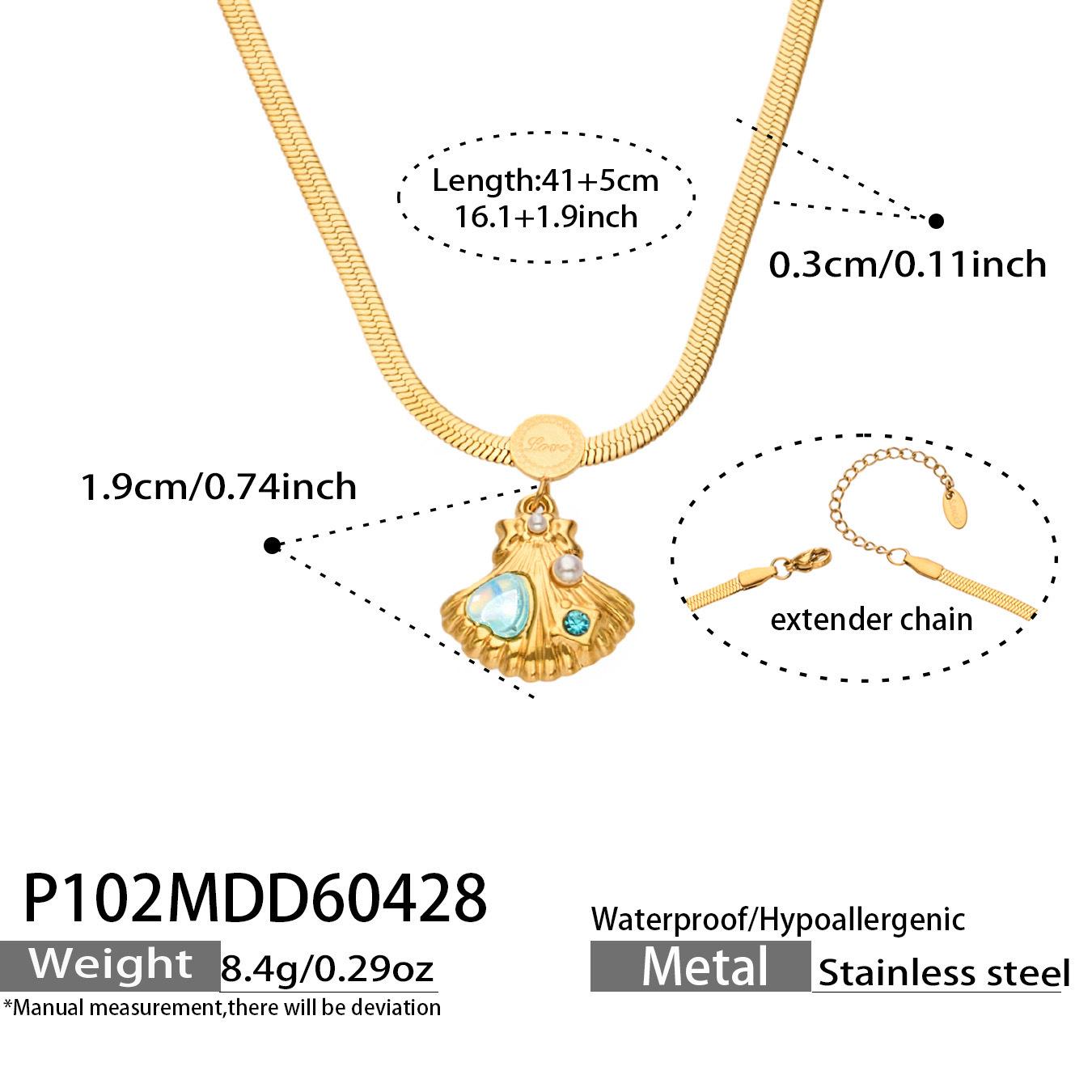 Ocean-Style 18K Gold Plated Necklace: Stainless Steel Heart with Faux Pearl, Rhinestones & Shell Pendant on Blade Chain.