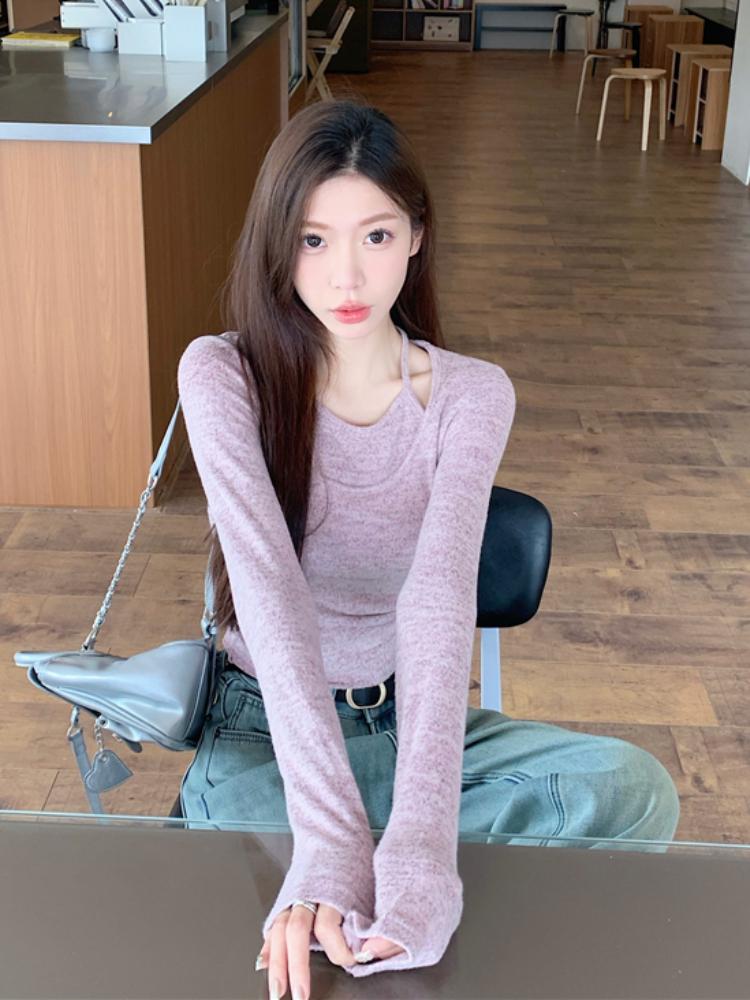Sweet Hanging Neck Fake Two Pieces Tops Women Korean Chic Bottoming Slim T-Shirt Harajuku Fashion Casual Clothes Autumn 2024 New