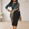 Women Plus Size Round Neck Long Sleeve Black Green Gold Printed Bodycon Midi Dress