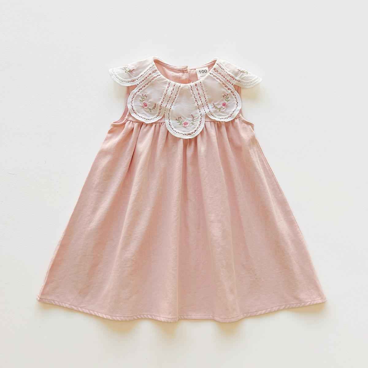 Sweet Petal Collar Girls Summer Dress Fresh Floral Embroidered Sleeveless Baby Girl Dress Cute Casual Party Wear 90cm розовый