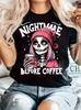 Women's Casual Graphic T-Shirt - "Nightmare Before Coffee" Skeleton Art Print, Black Short Sleeve Round Neck Summer Streetwear