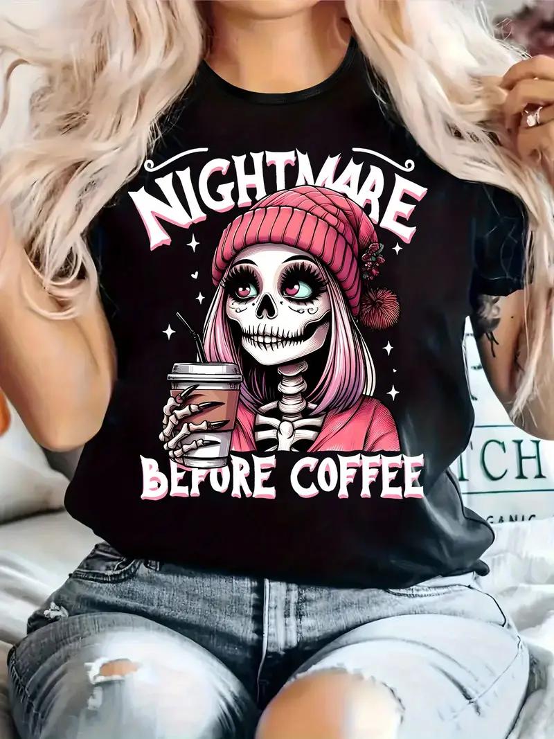 Women s Casual Graphic T-Shirt - Nightmare Before Coffee Skeleton Art Print, Black Short Sleeve Round Neck Summer Streetwear S