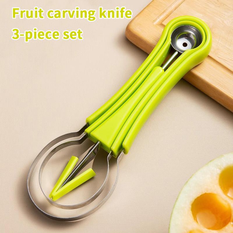 1Pcs Green 3 In 1 Fruit Cutter Scoop Carving Knife Fruit Dig Pulp Separator Fruit Platter Kitchen Gadgets Acces