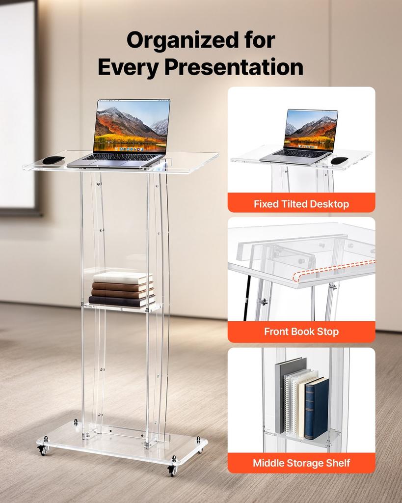 Podium Stand 120 cm Acrylic Lectern Mobile Laptop Desk Storage Shelf, for Schools, Churches and Events, Clear Portable Presentation Lectern Stand with
