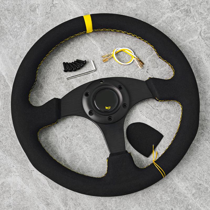 13inch Universal Car Sport Steering Wheel Red/Yellow Flat JDM Suede Leather Racing Steering Wheel