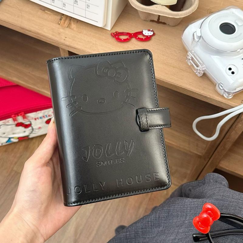 Kawaii Kitty A7 Retro Small Notebook Black Faux Leather Binder Portable Diary Set With Card Holder Student Stationery Supplies