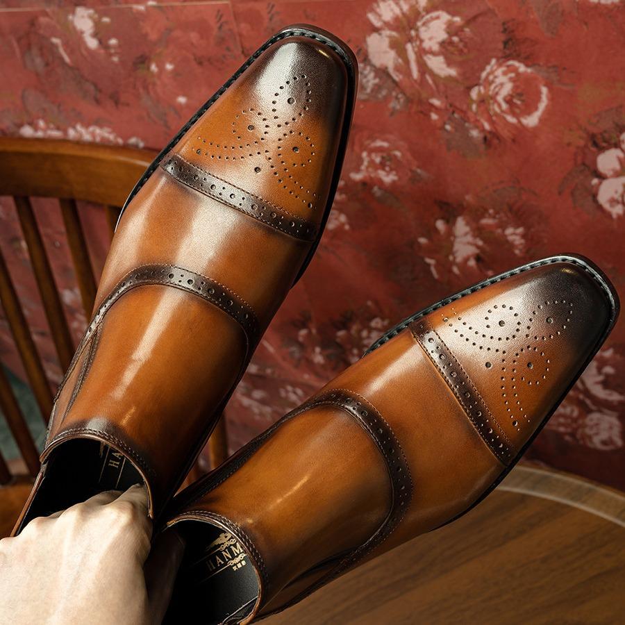 Men's high-top shoes carved cowhide men's shoes small square head Chelsea men's boots footwear