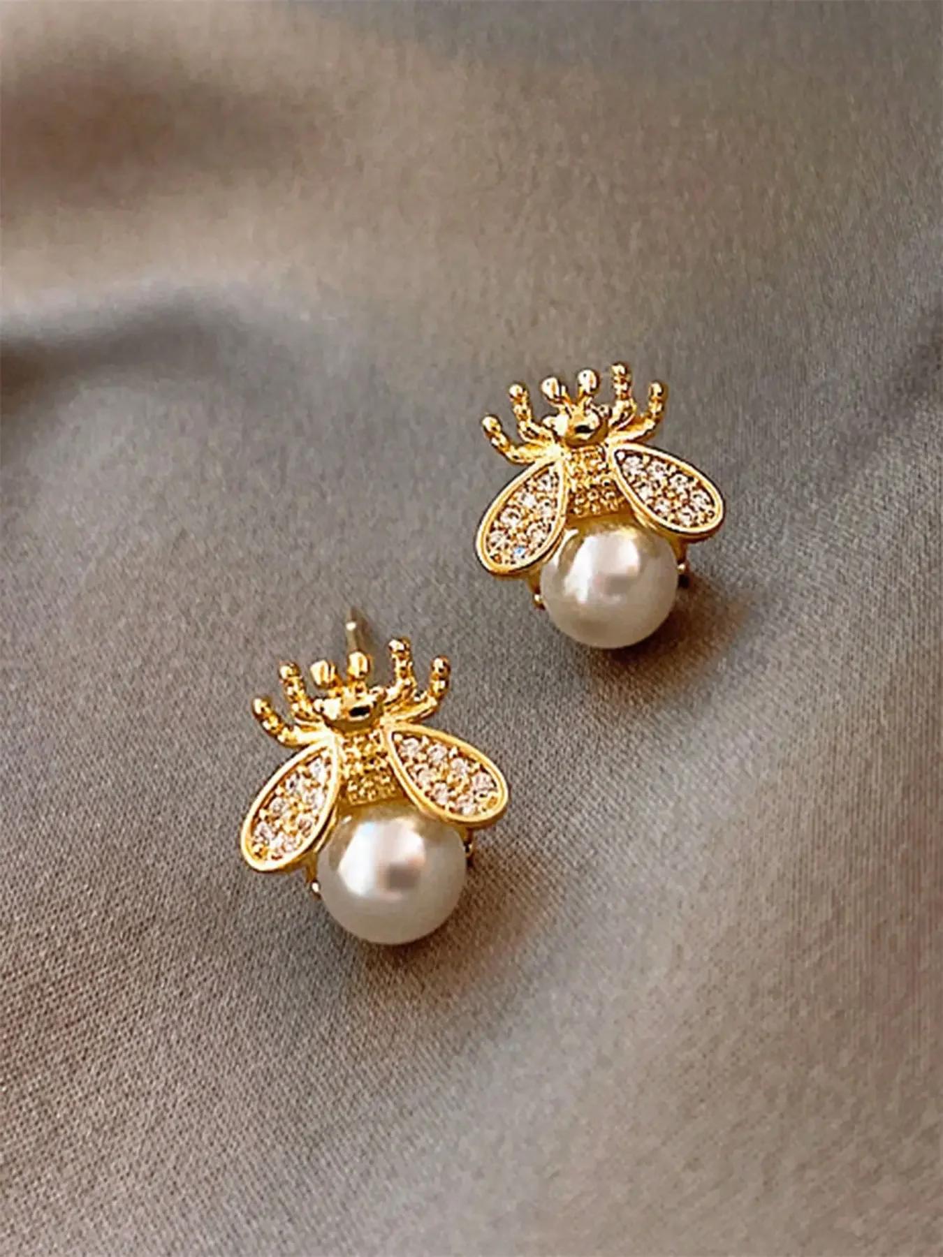 1 Pair Faux Pearl Zircon Stud Earrings, Delicate Cute Ear Jewelry for Wedding, Anniversary & Christmas