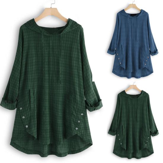 Women Top Loose Checked Long Sleeves Pullover Drawstring Dress Up Hooded A-line Plus Size Fall Shirt Female Clothes