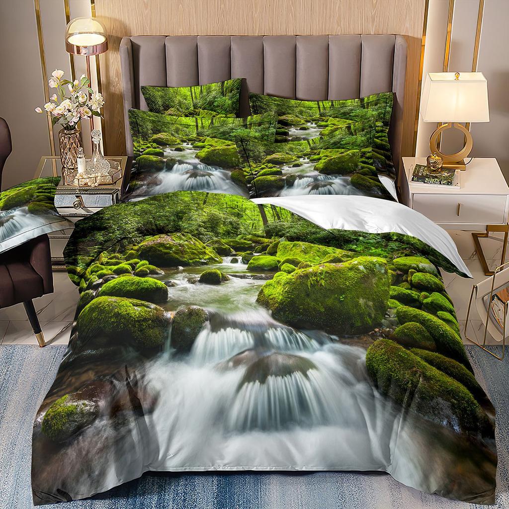 Three-Piece Beautiful Landscape 3D Bedding Stream Waterfall Printing Quilt Cover Home Textile Batch