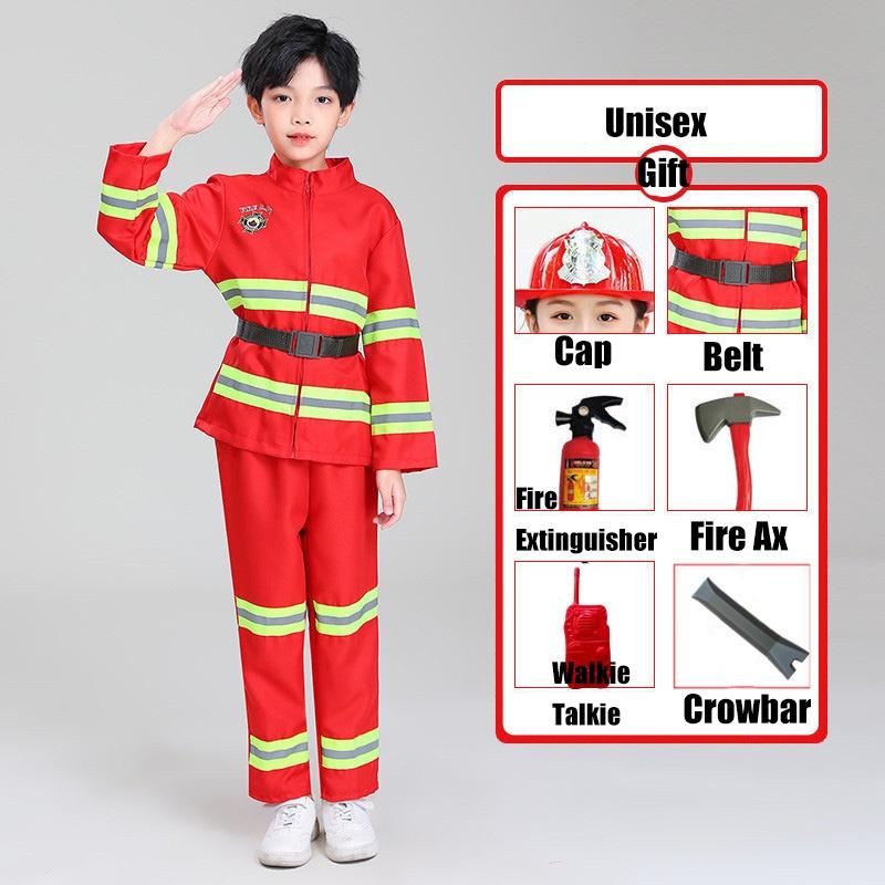 Dziecięcy strój strażaka do przebierania czerwony poliestrowy zestaw kostiumowy strażaka z paskiem i czapką z daszkiem