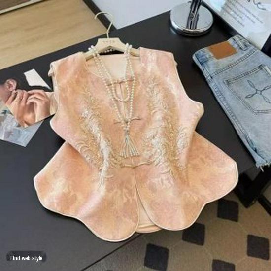 Stylish Spring Vest Jacket: Chinese-Style Print for Mature Women Medium розовый