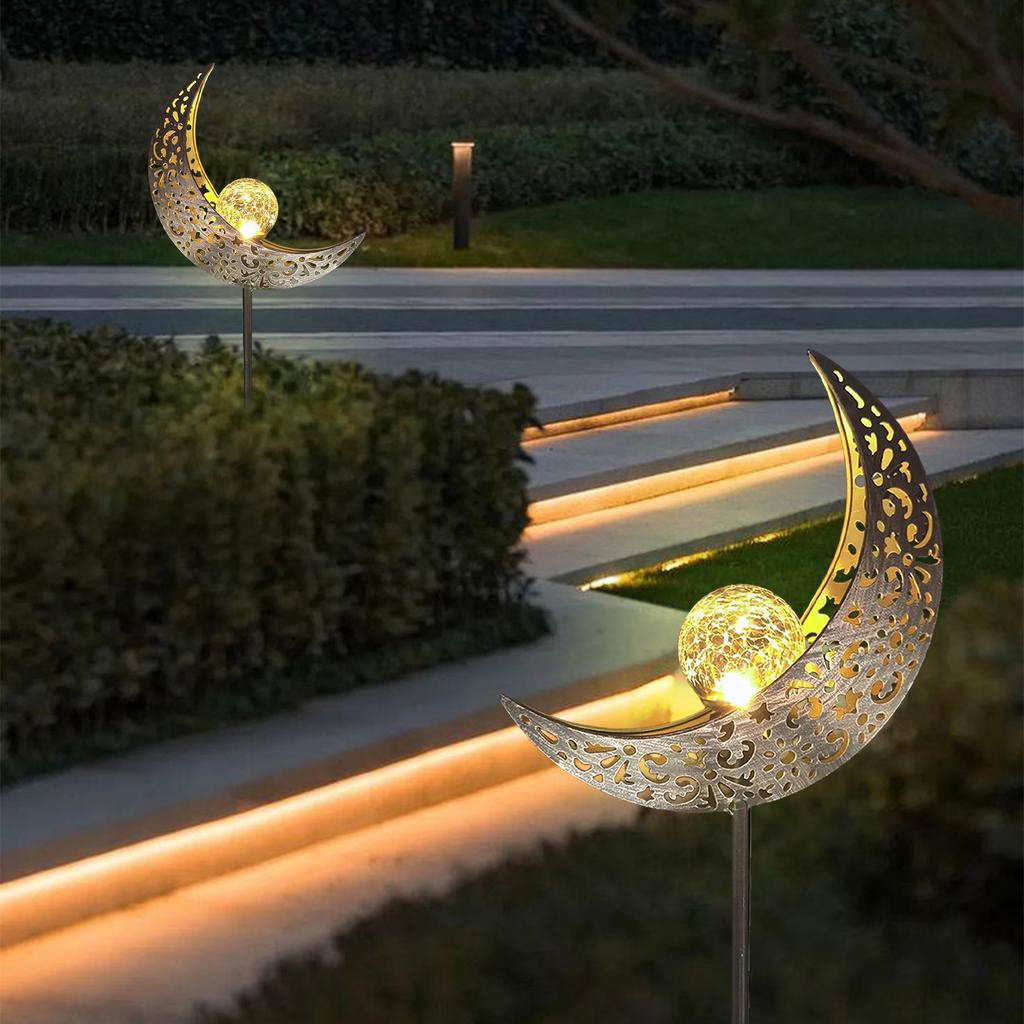 Solar Garden Lights Outdoor Decor,Moon Fairy Crackle Glass Lights,Warm White LED Metal Stake Ornament,Unique Gift for Gardening