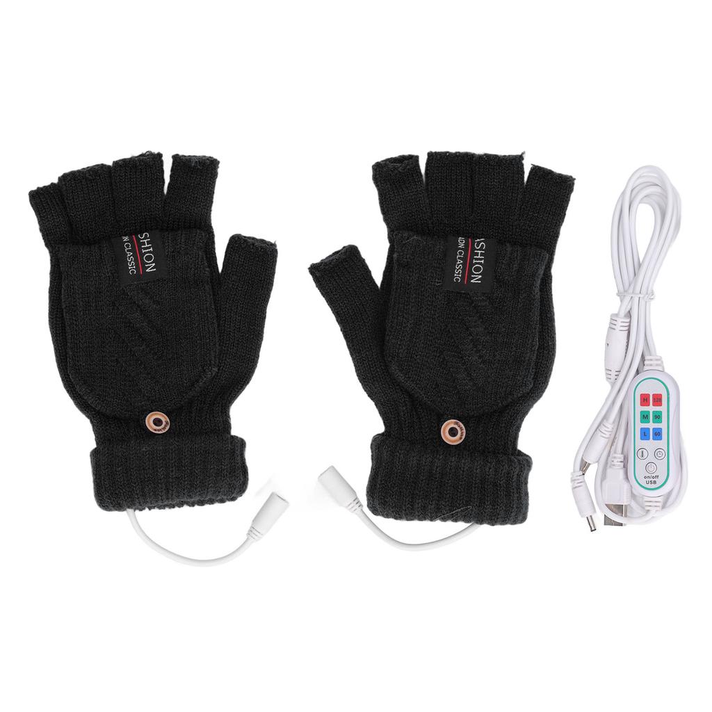 1 Pair USB Heated Gloves Electric Heating Thermal Knitting Gloves Half Finger Winter Hand Warmer for Working Black