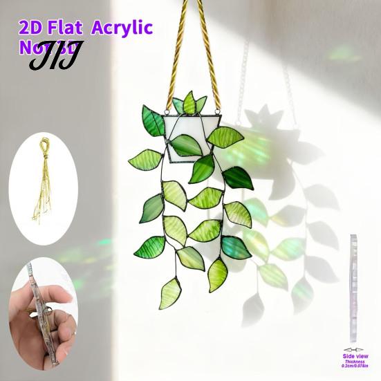 Light Refracting Plant Decoration Painted Green Leaf Window Sun Catcher for Balcony, Acrylic Faux Indoor Hanging Decorations Decor, Lightweight