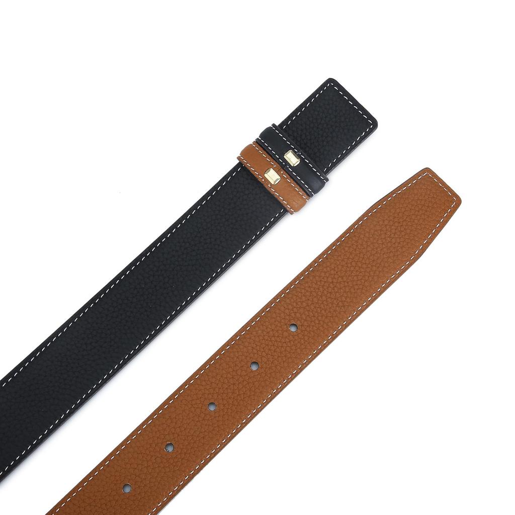 3.4" Wide Double-Sided Lychee Grain Cowhide Belt with White Lines and Perforations, All-Match Style, Top Layer Cowhide