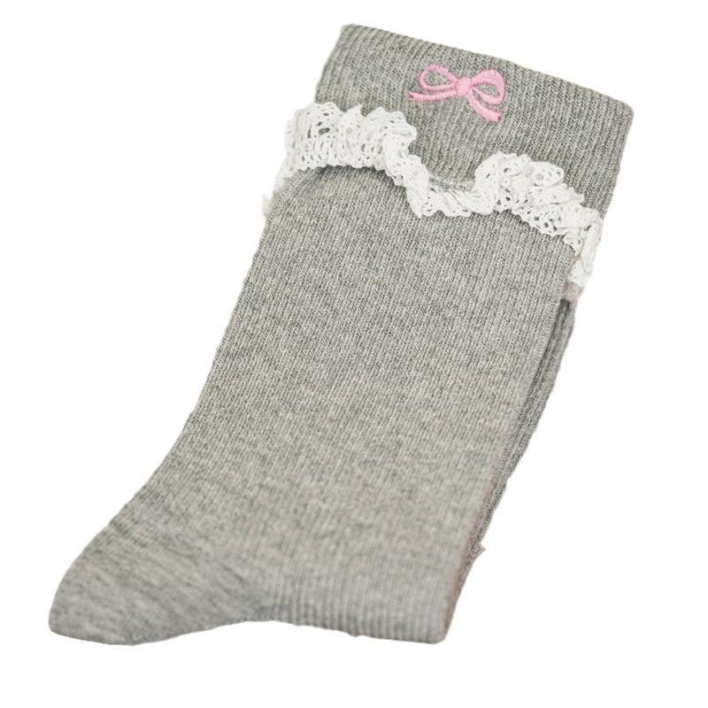 Ladies Spring and Autumn New Lace Wooden Ear Border Bow Embroidery Tube Socks