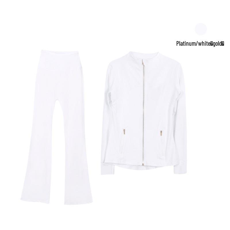 In Stock: Women's Gold Jacket & Flare Pants - High Stretch, Slimming Sports Yoga Set