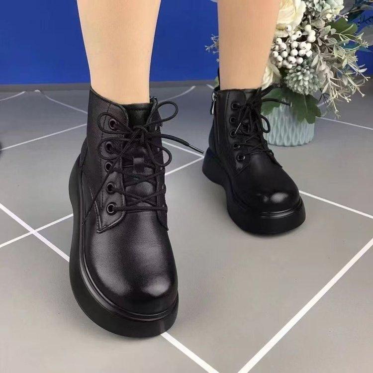Thick-soled Martin Boots Women's 2025 Autumn and Winter New Short Boots Round Head Lace-up Light Muffin Velvet Warm Thick-soled Single Boots