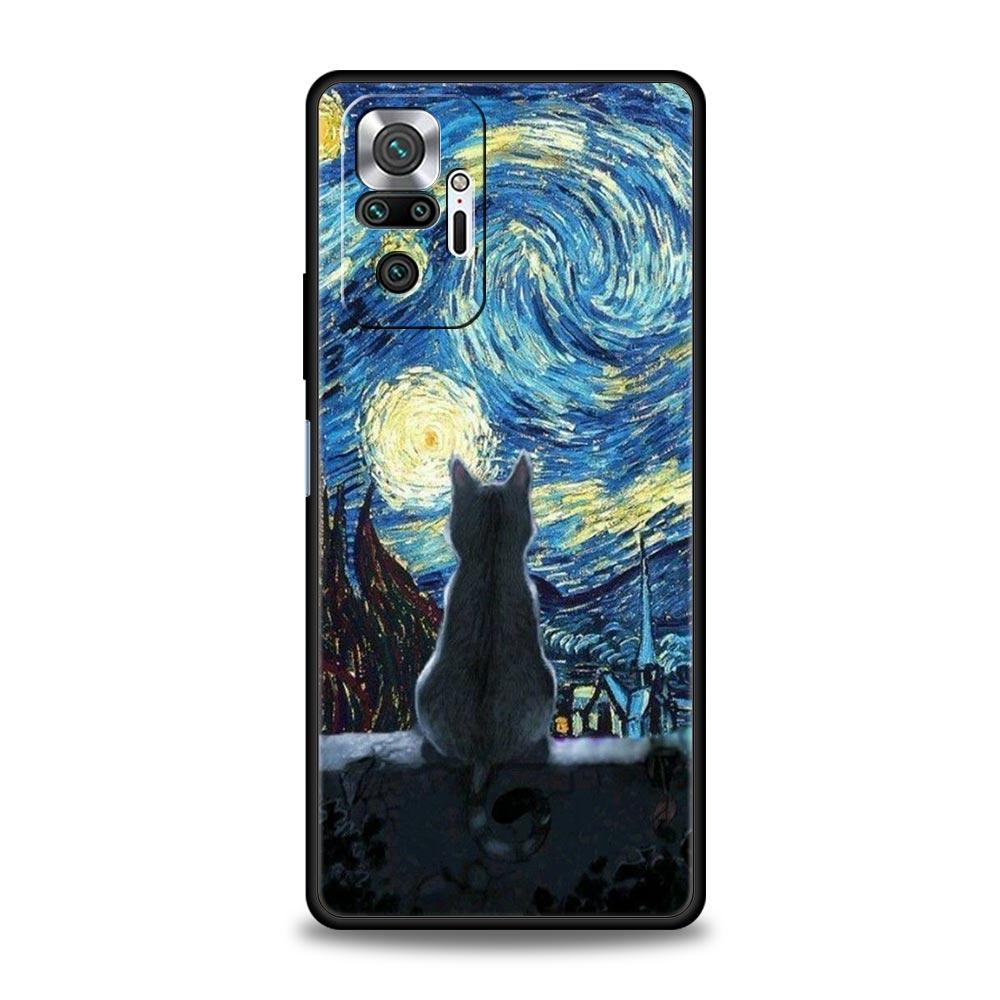 Cat Van Gogh Starry Sky Phone Case For Xiaomi Redmi Note 14 13 5G 10 11 12 Pro Plus 4G 14C 13C 12C 10C Black Cover
