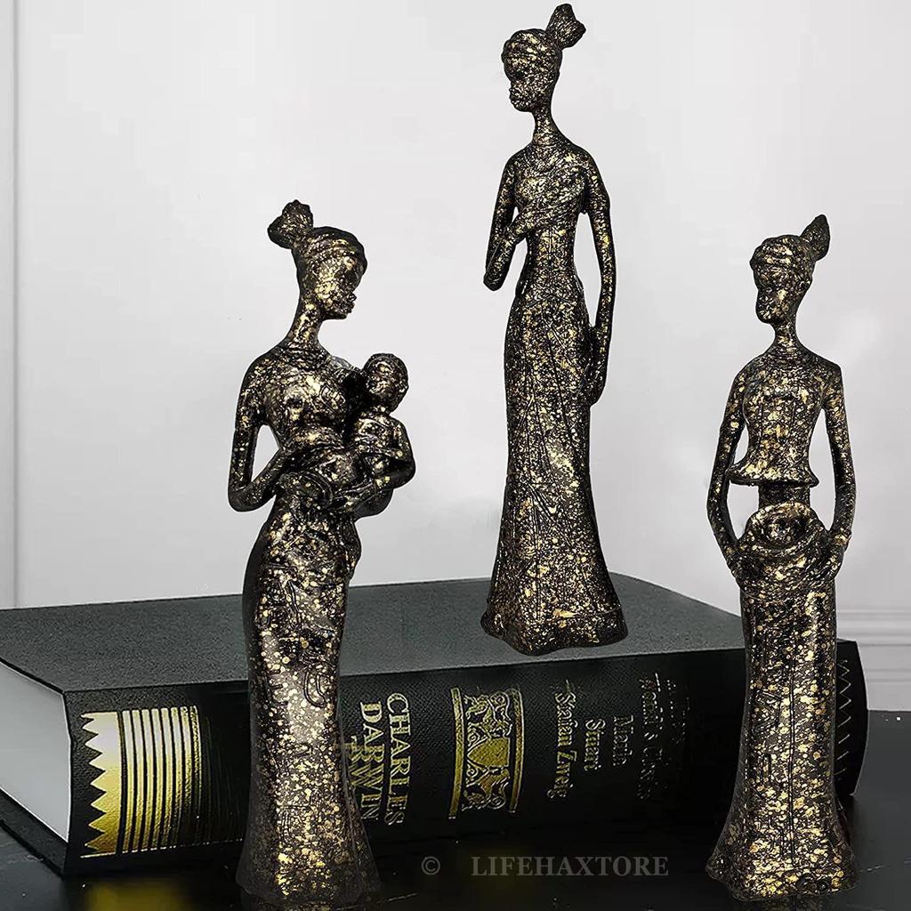 Home Decor African Tribal Women Art Piece, Beautiful Finish Uniquely Hand Crafted - (Set of 3, Black and Golden)
