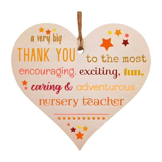 Wooden Heart Plaque Teacher Gift Heart Shape Hanging Decoration Thank You Gift for Teachers Nursery Preschool Childminder