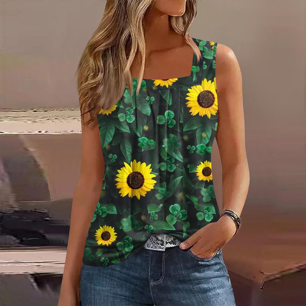 Maiou de vară casual pentru femei, cu pliuri, cu gât pătrat, fără mâneci, imprimat