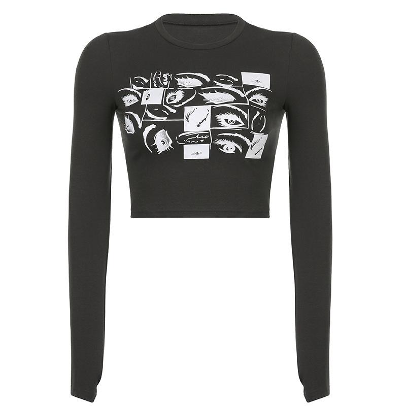 Dámské gotické tričko s potiskem oka, jarní, retro, Y2k, slim fit, s dlouhým rukávem