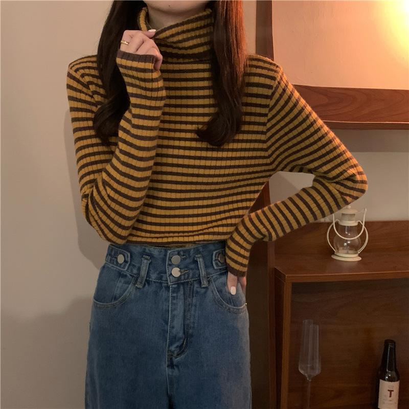 Herbst Winter Gestreiften Rollkragen Gestrickte Pullover für Frauen Neue Langarm Top Frauen Pullover Alle-spiel Bodenbildung Shirt