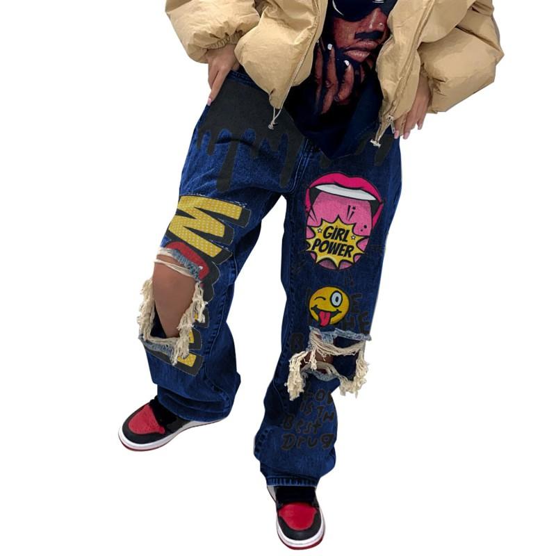 2605 Streetwear Ripped Jeans Women Multi-pocket Loose Fit Denim Trousers